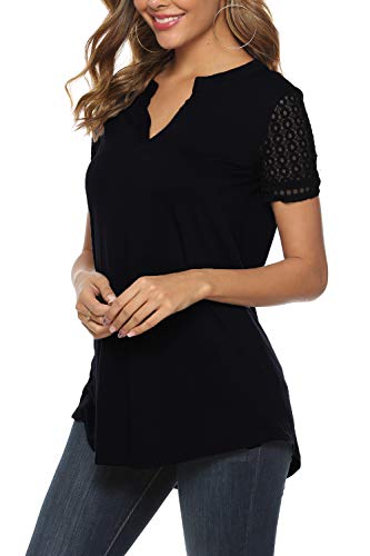 Zattcas Women's Summer V Neck Short Sleeve Tunic Shirt Business Casual Blouses for Women Black Medium