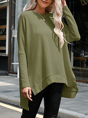 ANRABESS Sweaters for Women Oversized Long Batwing Sleeve Crewneck Waffle Knitted High Low Hem Casual Cozy Cute 2023 Fall Tunic Pullover Tops Poncho A138junlv-S Army Green