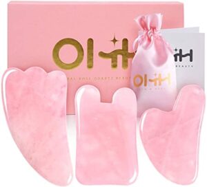gua sha facial tools set, ohh rose quartz gua sha scraping massage tool for spa acupuncture therapy trigger point treatment, face massager for facial skincare, pack of 3
