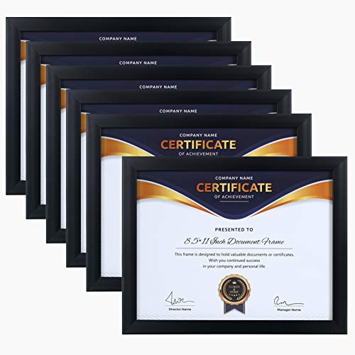 ELSKER&HOME 8.5x11 Picture Frame - Certificate Document Frame 6 Pack with Semi-Tempered Glass - Black Sturdy Wood Composite Award Diploma Frame - Includes Hanging Hardware and Desktop Easel