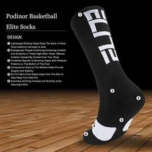 Podinor Elite Basketball Crew Socks for Men and Women, Cushion Performance Athletic Black Basketball Socks