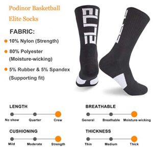 Podinor Elite Basketball Crew Socks for Men and Women, Cushion Performance Athletic Black Basketball Socks