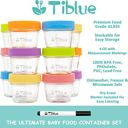 Glass Baby Food Storage Containers Set of 12, Leakproof 4 oz Glass Baby Food Jars with Lids & Marker, Reusable Small Glass Baby Food Containers for Infant & Baby, Freezer, Microwave & Dishwasher Safe