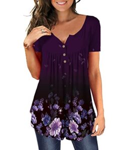 mayamang women's floral tunic tops casual blouse v neck short sleeve buttons up t-shirts (purple, l)