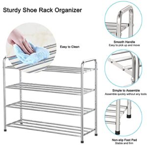 FANHAO 4-Tier Shoe Rack, 100% Stainless Steel Shoe Storage Organizer, Stackable 12-Pair Storage Shelf for Bedroom, Closet, Entryway, Dorm Room, 26.8" W x 10.24" D x25.6 H (Silver)