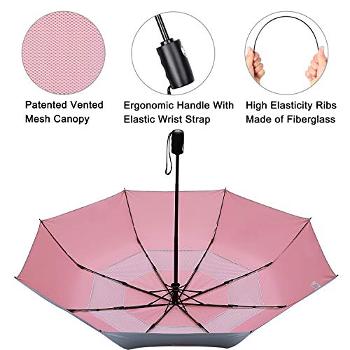 G4Free UPF 50+ UV Protection Travel Umbrella 42/46 Inch Windproof Silver Coating Sun Blocking Umbrella(Silver/Pink)