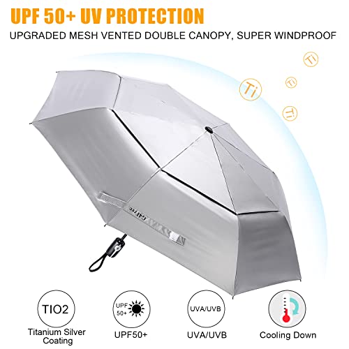 G4Free UPF 50+ UV Protection Travel Umbrella 42/46 Inch Windproof Silver Coating Sun Blocking Umbrella(Silver/Pink)