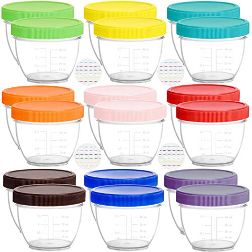 Youngever 18 Pack Baby Food Storage, 2 Ounce Baby Food Containers with Lids and Labels, 9 Assorted Colors