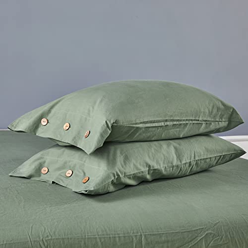 JELLYMONI Green 100% Washed Cotton Duvet Cover Set, 3 Pieces Luxury Soft Bedding Set with Buttons Closure. Solid Color Pattern Duvet Cover Full Size(No Comforter)