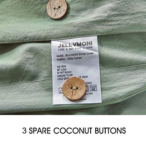 JELLYMONI Green 100% Washed Cotton Duvet Cover Set, 3 Pieces Luxury Soft Bedding Set with Buttons Closure. Solid Color Pattern Duvet Cover Full Size(No Comforter)