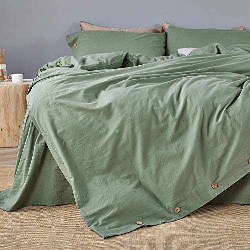 JELLYMONI Green 100% Washed Cotton Duvet Cover Set, 3 Pieces Luxury Soft Bedding Set with Buttons Closure. Solid Color Pattern Duvet Cover Full Size(No Comforter)