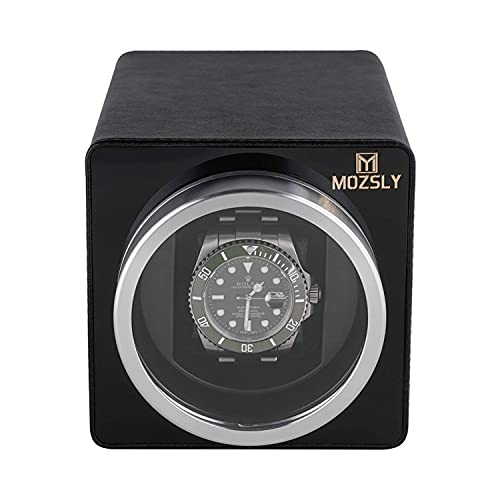 MOZSLY Watch Winder for Automatic Watches with Quiet Motor 12 Rotation Mode Setting Black Leather