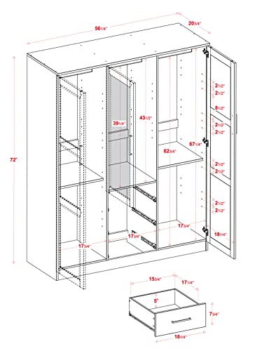 Palace Imports Cosmo Solid Wood 3-Door Wardrobe/Armoire/Closet with Mirror and 3 Drawers, Gray. Additional Shelves Sold Separately.