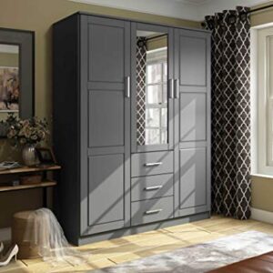 Palace Imports Cosmo Solid Wood 3-Door Wardrobe/Armoire/Closet with Mirror and 3 Drawers, Gray. Additional Shelves Sold Separately.