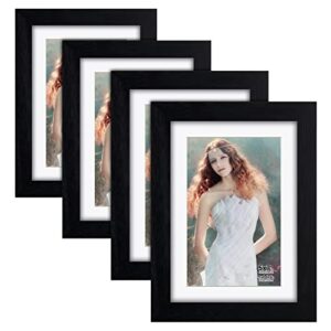 RR ROUND RICH DESIGN 5x7 inch Picture Frames Made of Solid Wood and HD Glass Display Photos 4x6 with Mat or 5x7 Without Mat 4PK Black