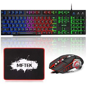 mftek gaming keyboard and mouse combo with large mouse pad, rgb rainbow backlit gaming keyboard and illuminated gaming mouse, usb wired set for computer pc gamer laptop office work