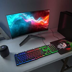 MFTEK Gaming Keyboard and Mouse Combo with Large Mouse Pad, RGB Rainbow Backlit Gaming Keyboard and Illuminated Gaming Mouse, USB Wired Set for Computer PC Gamer Laptop Office Work