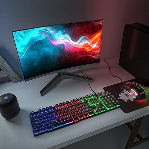 MFTEK Gaming Keyboard and Mouse Combo with Large Mouse Pad, RGB Rainbow Backlit Gaming Keyboard and Illuminated Gaming Mouse, USB Wired Set for Computer PC Gamer Laptop Office Work