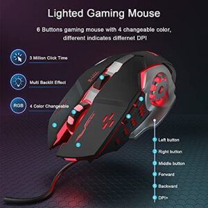 MFTEK Gaming Keyboard and Mouse Combo with Large Mouse Pad, RGB Rainbow Backlit Gaming Keyboard and Illuminated Gaming Mouse, USB Wired Set for Computer PC Gamer Laptop Office Work