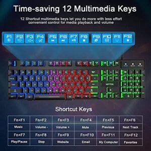 MFTEK Gaming Keyboard and Mouse Combo with Large Mouse Pad, RGB Rainbow Backlit Gaming Keyboard and Illuminated Gaming Mouse, USB Wired Set for Computer PC Gamer Laptop Office Work