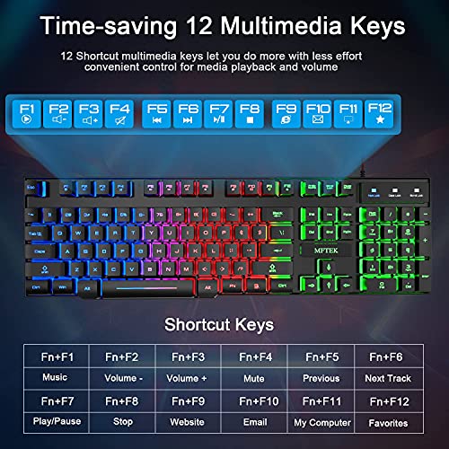 MFTEK Gaming Keyboard and Mouse Combo with Large Mouse Pad, RGB Rainbow Backlit Gaming Keyboard and Illuminated Gaming Mouse, USB Wired Set for Computer PC Gamer Laptop Office Work