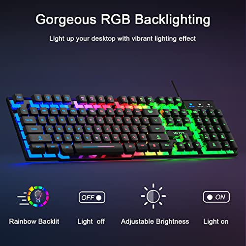 MFTEK Gaming Keyboard and Mouse Combo with Large Mouse Pad, RGB Rainbow Backlit Gaming Keyboard and Illuminated Gaming Mouse, USB Wired Set for Computer PC Gamer Laptop Office Work