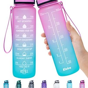 Elvira 32oz Large Water Bottle with Motivational Time Marker & Removable Strainer,Fast Flow BPA Free Non-Toxic for Fitness, Gym and Outdoor Sports-Light Pink/Green Gradient