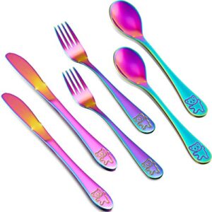 6 pieces rainbow cutlery kids stainless steel rainbow utensil safe child and toddler flatware set includes 2 rainbow knives 2 forks 2 spoons for home and preschools