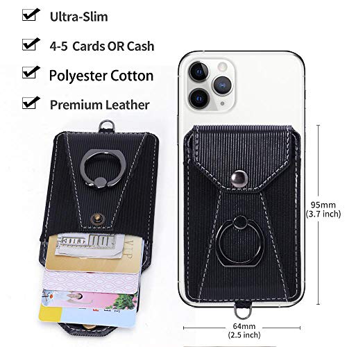 YUNCE Cell Phone Card Holder,Card Holder for Back of Cell Phone with Ring Grip Stand,Adhesive Stick-on Credit Card Wallet Pocket with Detachable Neck Strap Black