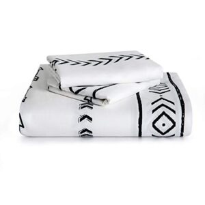 JUCFHY Duvet Cover Queen,600 Thread Count Cotton 3pcs Queen Duvet Cover Set Black Stripe Geometric Printed on White,Reversible with Zipper Closure 1 Duvet Cover and 2 Pillow Shams(Queen,Chelsea)