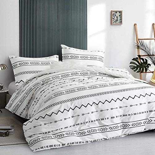 JUCFHY Duvet Cover Queen,600 Thread Count Cotton 3pcs Queen Duvet Cover Set Black Stripe Geometric Printed on White,Reversible with Zipper Closure 1 Duvet Cover and 2 Pillow Shams(Queen,Chelsea)