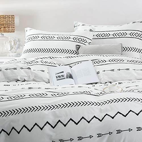 JUCFHY Duvet Cover Queen,600 Thread Count Cotton 3pcs Queen Duvet Cover Set Black Stripe Geometric Printed on White,Reversible with Zipper Closure 1 Duvet Cover and 2 Pillow Shams(Queen,Chelsea)