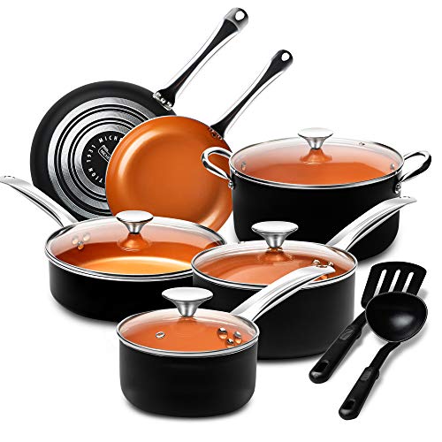 MICHELANGELO Pots and Pans Set 12 Pieces, Nonstick Copper Cookware Set with Ceramic Interior, Essential Copper Pots and Pans Set Nonstick, Ceramic Cookware Set 12 Piece with Spatula & Spoon