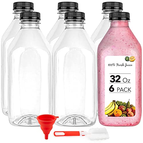 32 oz Juice Bottles with Caps for Juicing (6 pack) - Reusable Clear Empty Plastic Bottles - 32 Oz Drink Containers for Mini Fridge - Water Bottles Bulk - Includes Labels, Brush & Funnel