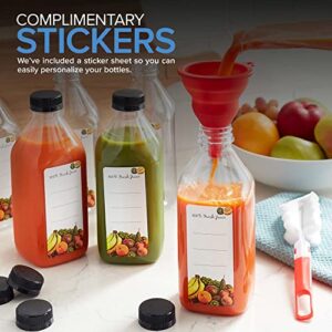 32 oz Juice Bottles with Caps for Juicing (6 pack) - Reusable Clear Empty Plastic Bottles - 32 Oz Drink Containers for Mini Fridge - Water Bottles Bulk - Includes Labels, Brush & Funnel