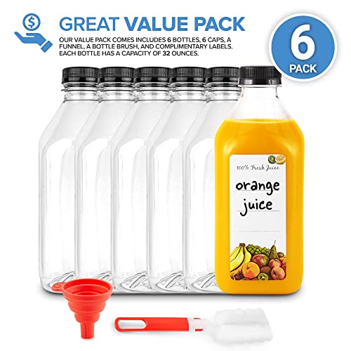 32 oz Juice Bottles with Caps for Juicing (6 pack) - Reusable Clear Empty Plastic Bottles - 32 Oz Drink Containers for Mini Fridge - Water Bottles Bulk - Includes Labels, Brush & Funnel