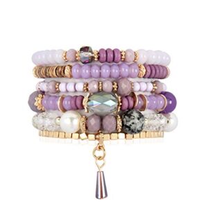 riah fashion bead multi layer versatile statement bracelets - stackable beaded strand stretch bangles sparkly crystal mix, tassel charm (light purple)
