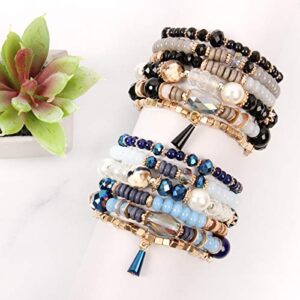 RIAH FASHION Bead Multi Layer Versatile Statement Bracelets - Stackable Beaded Strand Stretch Bangles Sparkly Crystal Mix, Tassel Charm (Light Purple)