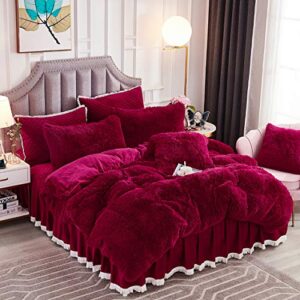 jauxio luxury long faux fur 3 pcs bedding set shaggy comforter duvet cover with pillow shams ultra soft crystal velvet reverse (queen, burgundy)