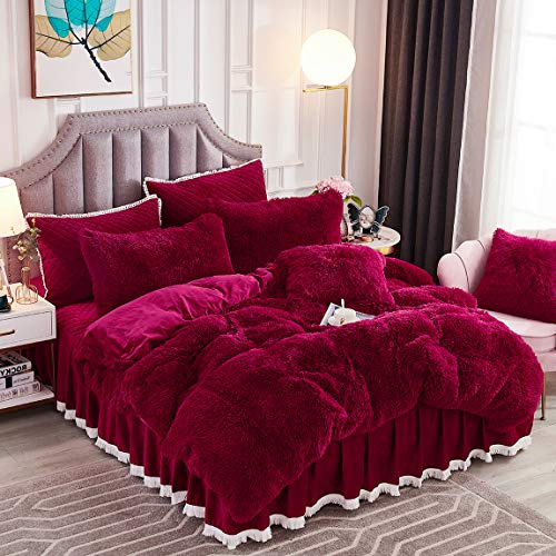 JAUXIO Luxury Long Faux Fur 3 PCS Bedding Set Shaggy Comforter Duvet Cover with Pillow Shams Ultra Soft Crystal Velvet Reverse (Queen, Burgundy)