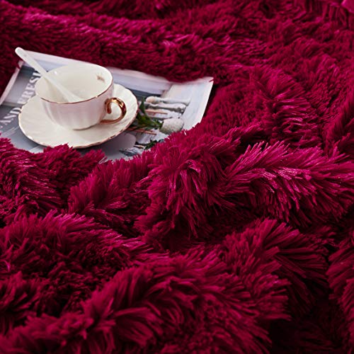 JAUXIO Luxury Long Faux Fur 3 PCS Bedding Set Shaggy Comforter Duvet Cover with Pillow Shams Ultra Soft Crystal Velvet Reverse (Queen, Burgundy)