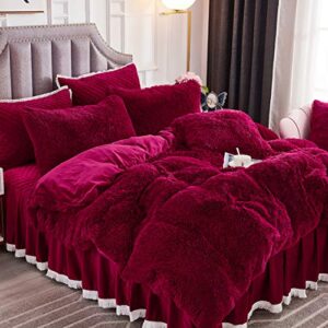 JAUXIO Luxury Long Faux Fur 3 PCS Bedding Set Shaggy Comforter Duvet Cover with Pillow Shams Ultra Soft Crystal Velvet Reverse (Queen, Burgundy)