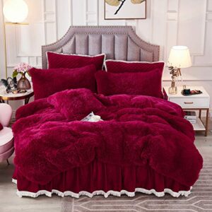 JAUXIO Luxury Long Faux Fur 3 PCS Bedding Set Shaggy Comforter Duvet Cover with Pillow Shams Ultra Soft Crystal Velvet Reverse (Queen, Burgundy)