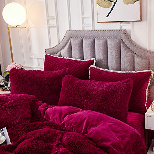 JAUXIO Luxury Long Faux Fur 3 PCS Bedding Set Shaggy Comforter Duvet Cover with Pillow Shams Ultra Soft Crystal Velvet Reverse (Queen, Burgundy)