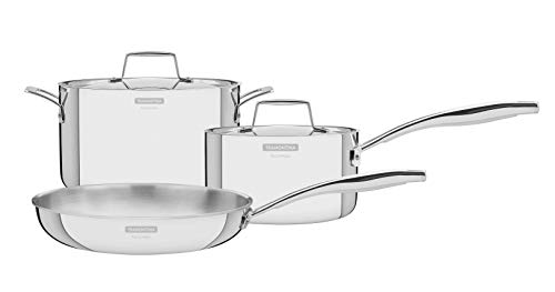 Tramontina 65140/106 Grano Stainless Steel Pot, Frying Pan, 7.9/10.2/6.3 inches (20/26 / 16 cm), 3-Piece Set, Grano Stainless Steel, All 3-Layer, Gas Induction Compatible, Made in Brazil