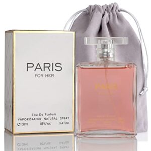 paris for her eau de parfum spray perfume, fragrance for women-daywear, casual daily cologne set with deluxe suede pouch- 3.4 oz bottle- ideal edt beauty gift for birthday, anniversary (3.4) (c)