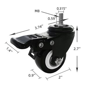 VWINDESK 2 inch M8(0.315'' Φ) 15mm Threaded Locking Caster Wheels, Set of 4, Swivel, Polyurethane PU Swivel Ball Casters with 360 Degree Top Plate 220lb Total Capacity, Brake, Used for Standing Desk