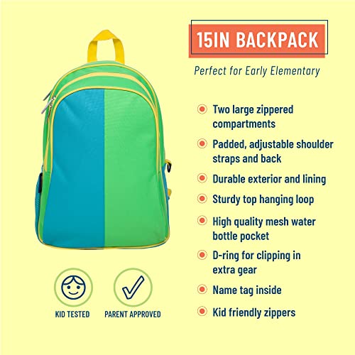 Wildkin 15-Inch Kids Backpack for Boys & Girls, Perfect for Early Elementary Daycare School Travel, Features Padded Back & Adjustable Strap (Monster Green)