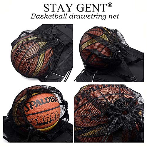 STAY GENT Drawstring Basketball Backpack for Boys, Foldable Soccer Backpack Gym Bag Sackpack Sports Sack with Detachable Ball Mesh Bag for Volleyball Baseball Yoga, Black