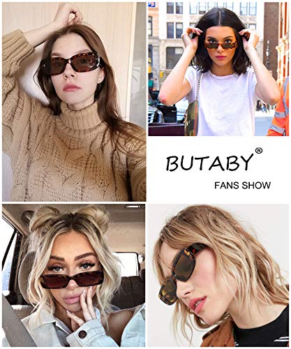 BUTABY Rectangle Sunglasses for Women Retro Driving Glasses 90’s Vintage Fashion Narrow Square Frame UV400 Protection Black & Leopard